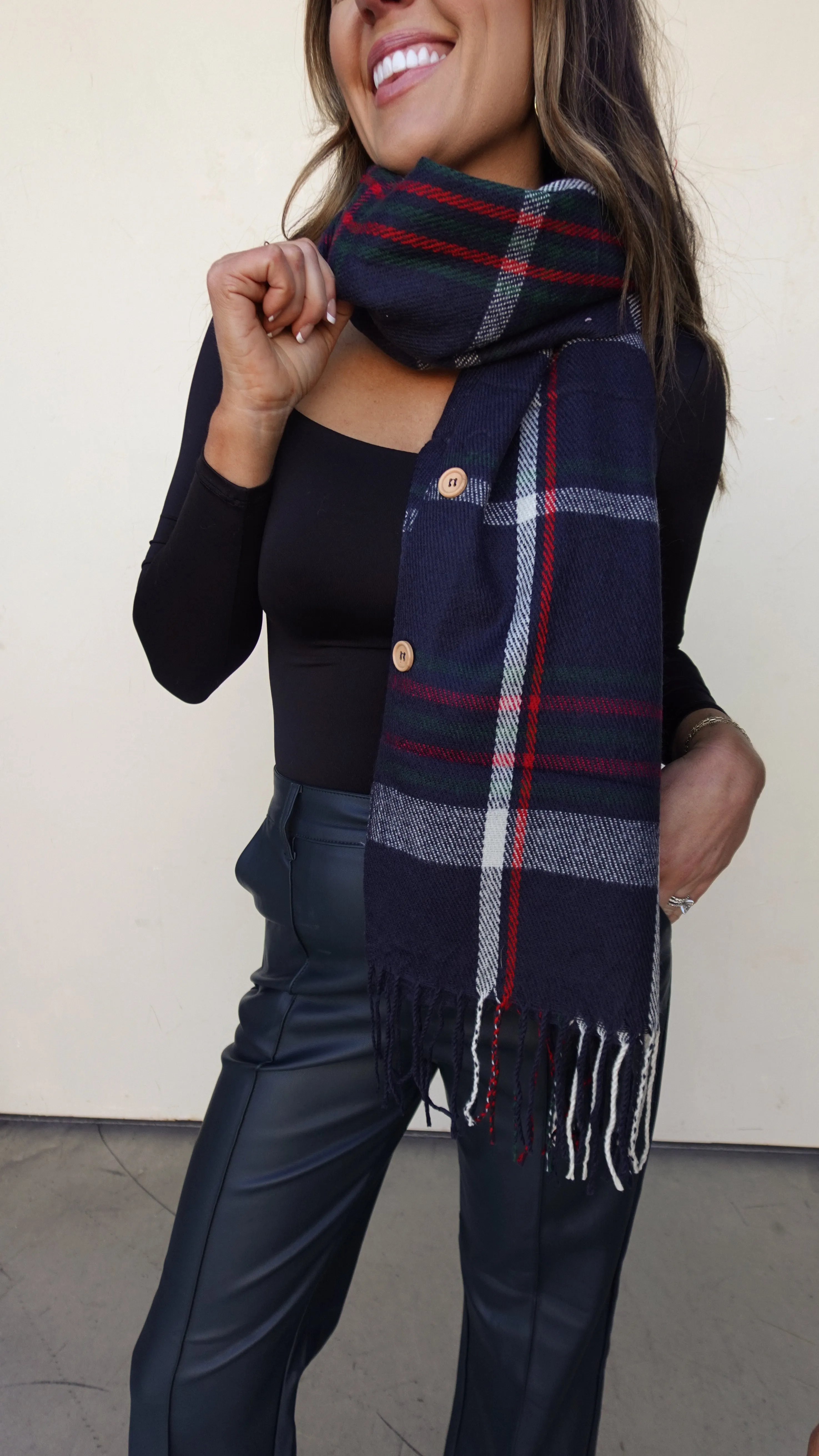 Navy Plaid Blanket Scarf with Buttons