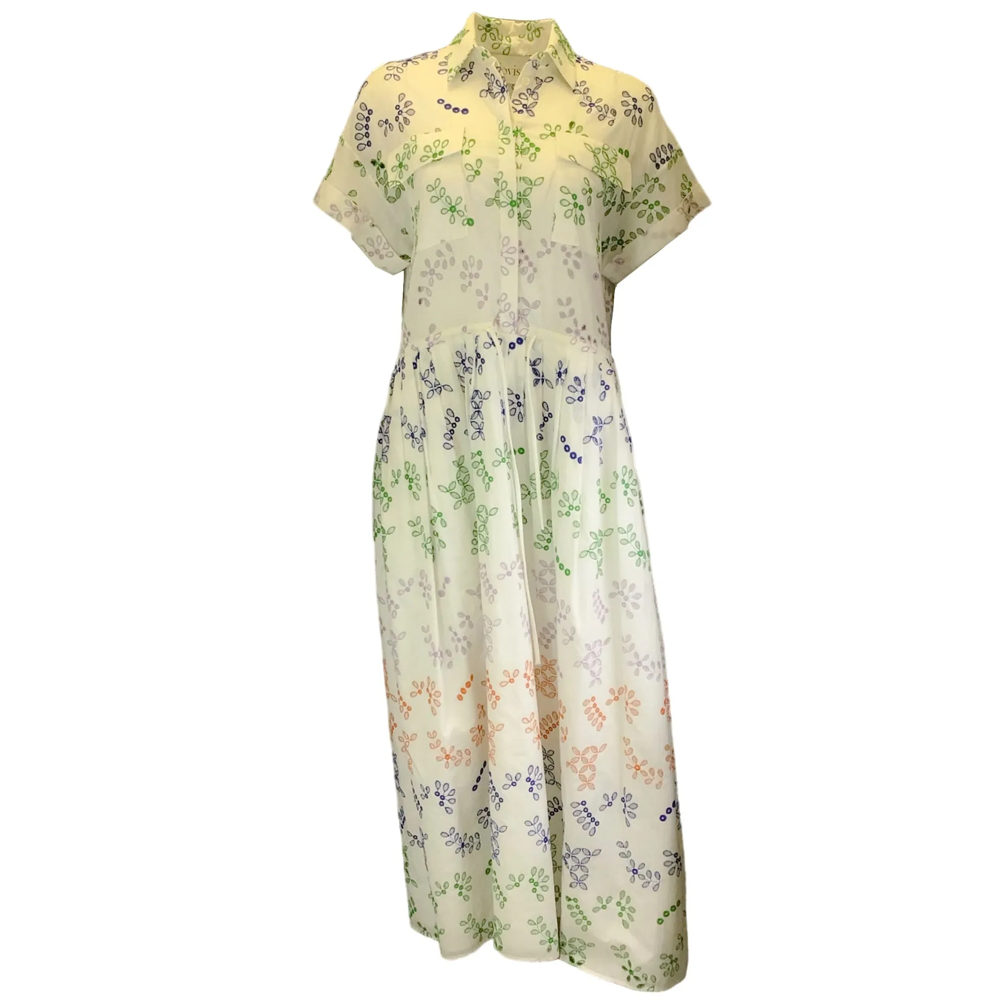 Novis White Multi Embroidered Short Sleeved Button-down Cotton Maxi Dress