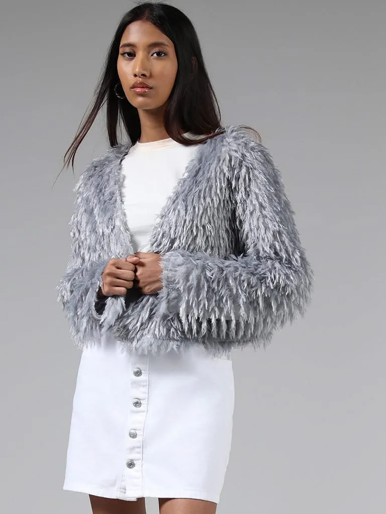 Nuon Solid Grey Fur Cardigan