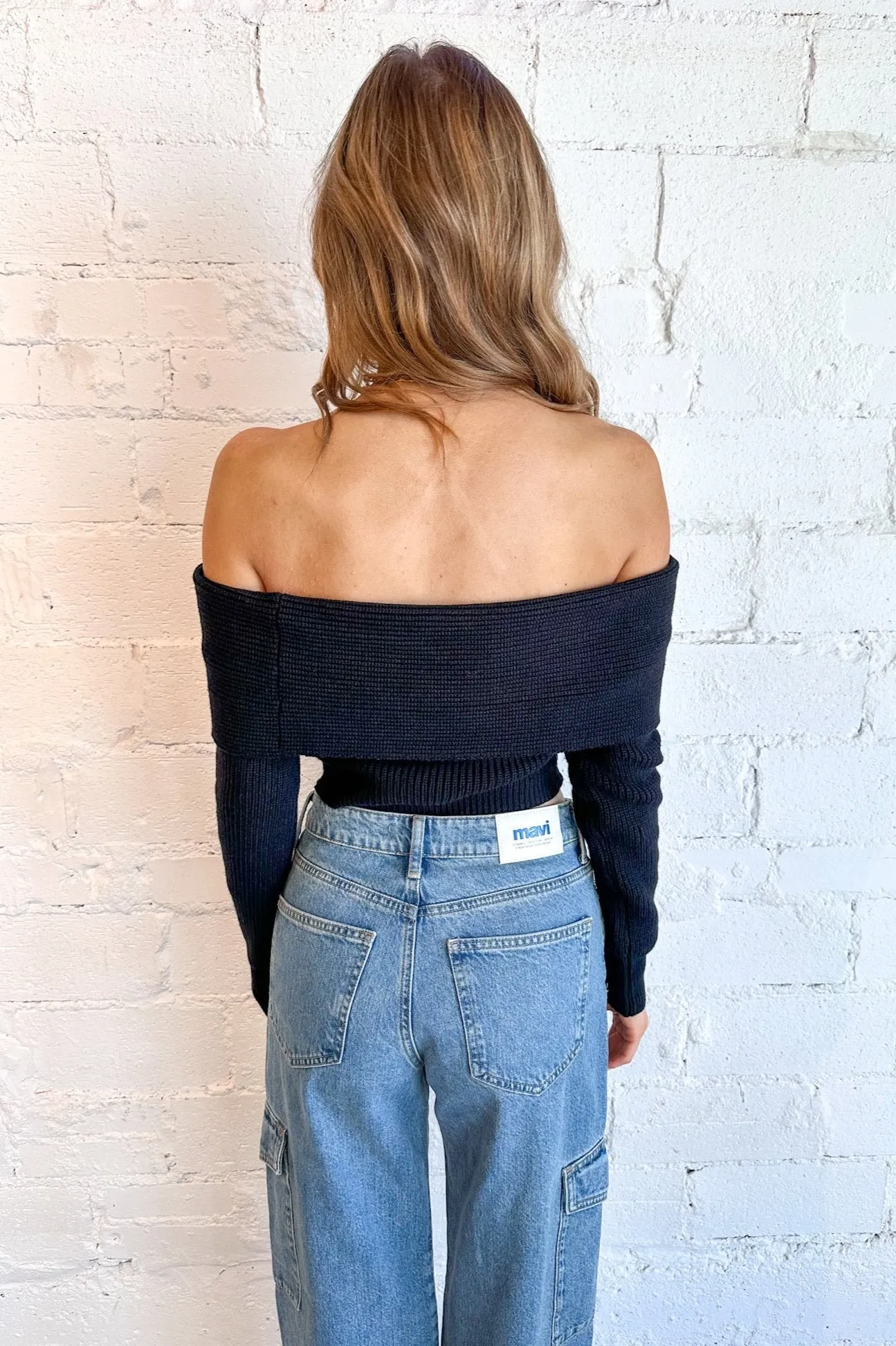 Off Shoulder Over Fold Knit Crop Sweater