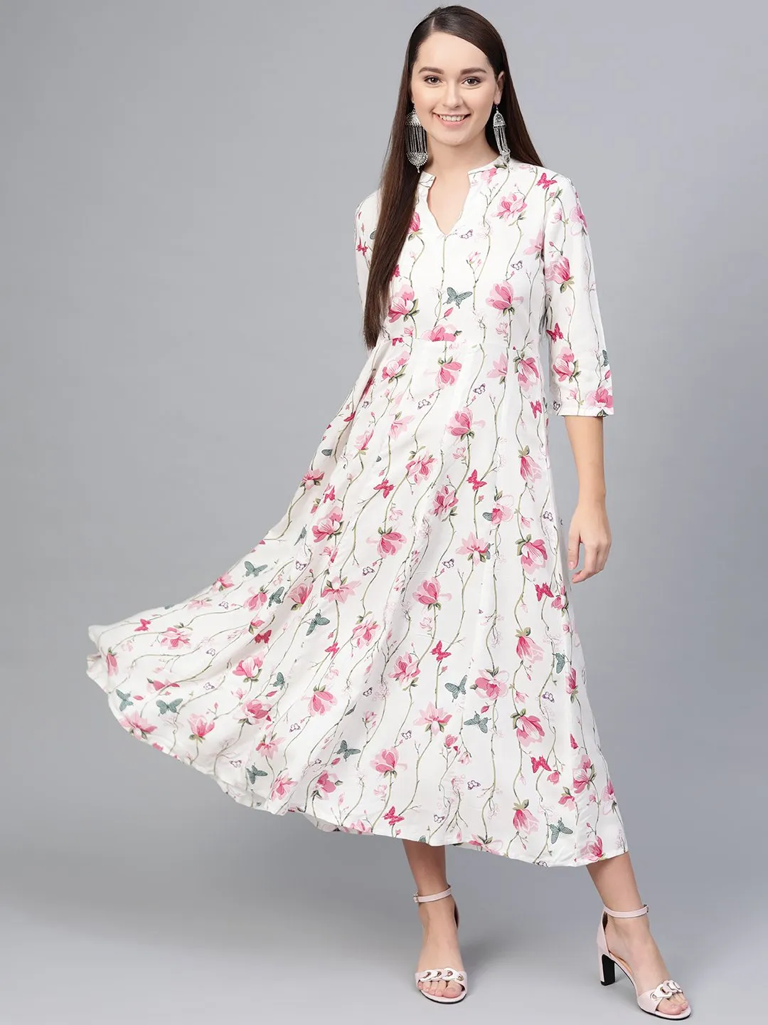 Off-White Multi Colored Floral Printed Maxi Dress With Mandarin Collar & 3/4 Sleeves