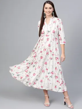 Off-White Multi Colored Floral Printed Maxi Dress With Mandarin Collar & 3/4 Sleeves