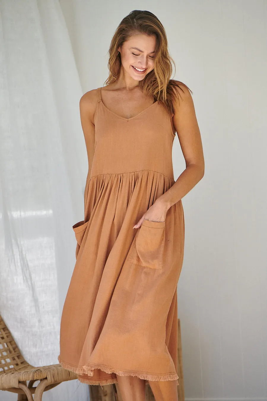 Orchid Linen Torn Trim Pocket Caramel Midi Dress