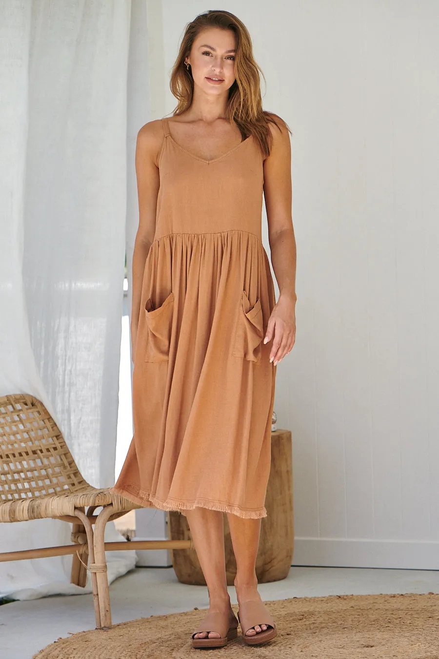 Orchid Linen Torn Trim Pocket Caramel Midi Dress