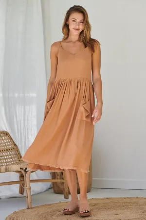 Orchid Linen Torn Trim Pocket Caramel Midi Dress