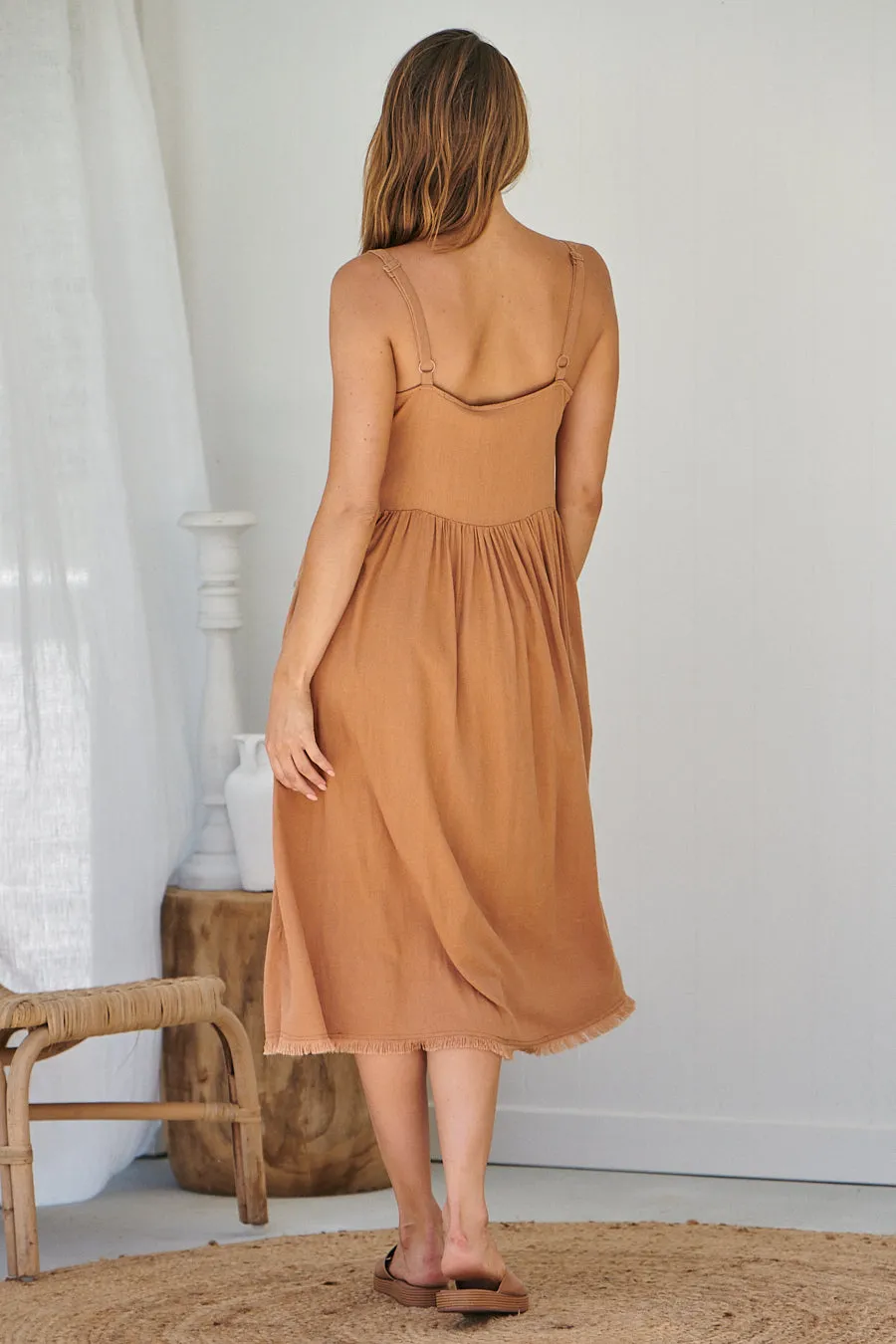 Orchid Linen Torn Trim Pocket Caramel Midi Dress