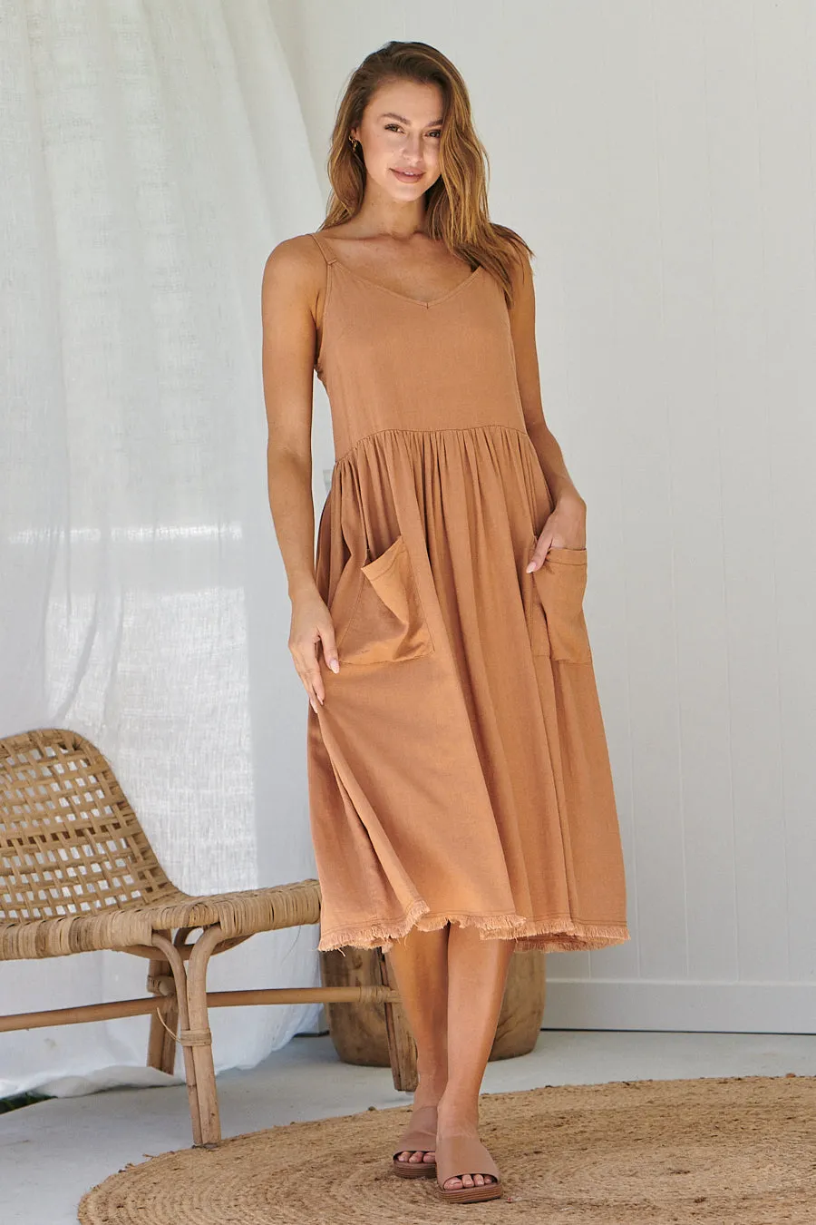 Orchid Linen Torn Trim Pocket Caramel Midi Dress