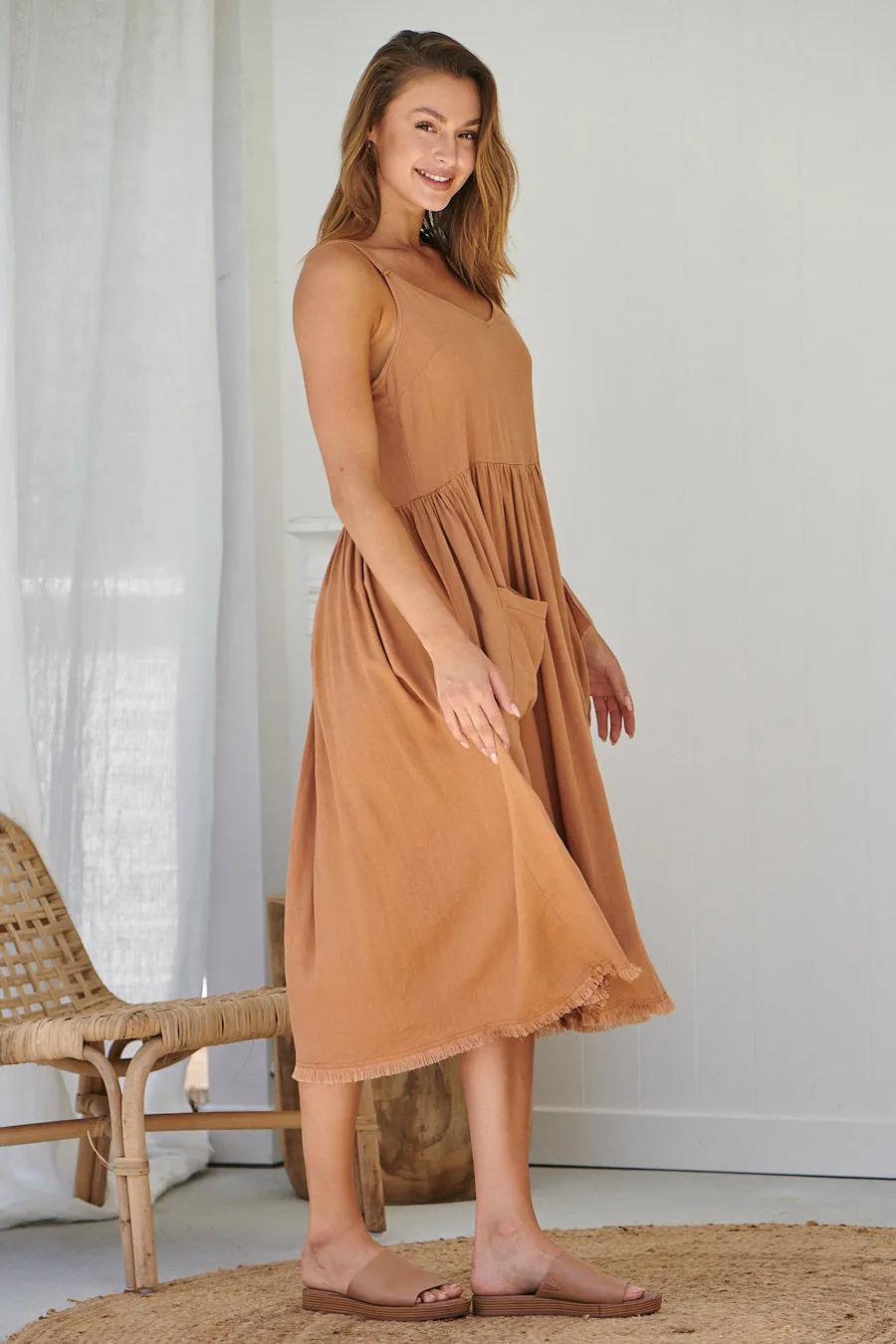 Orchid Linen Torn Trim Pocket Caramel Midi Dress