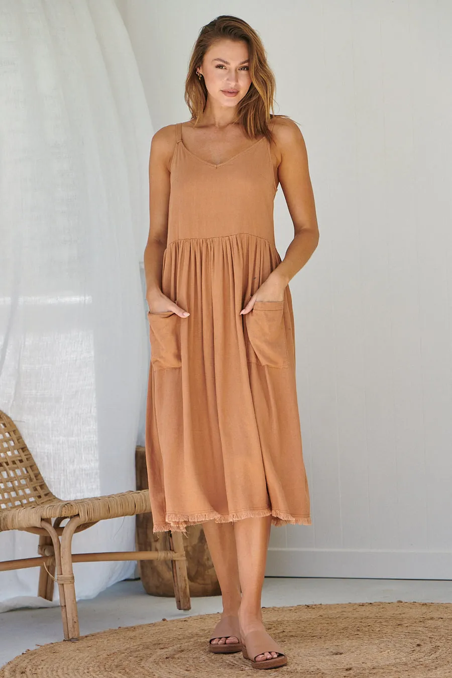 Orchid Linen Torn Trim Pocket Caramel Midi Dress