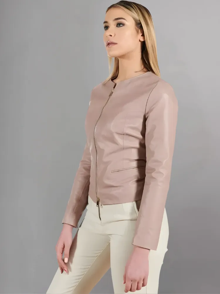 Pink powder natural leather jacket round collar smooth aspect