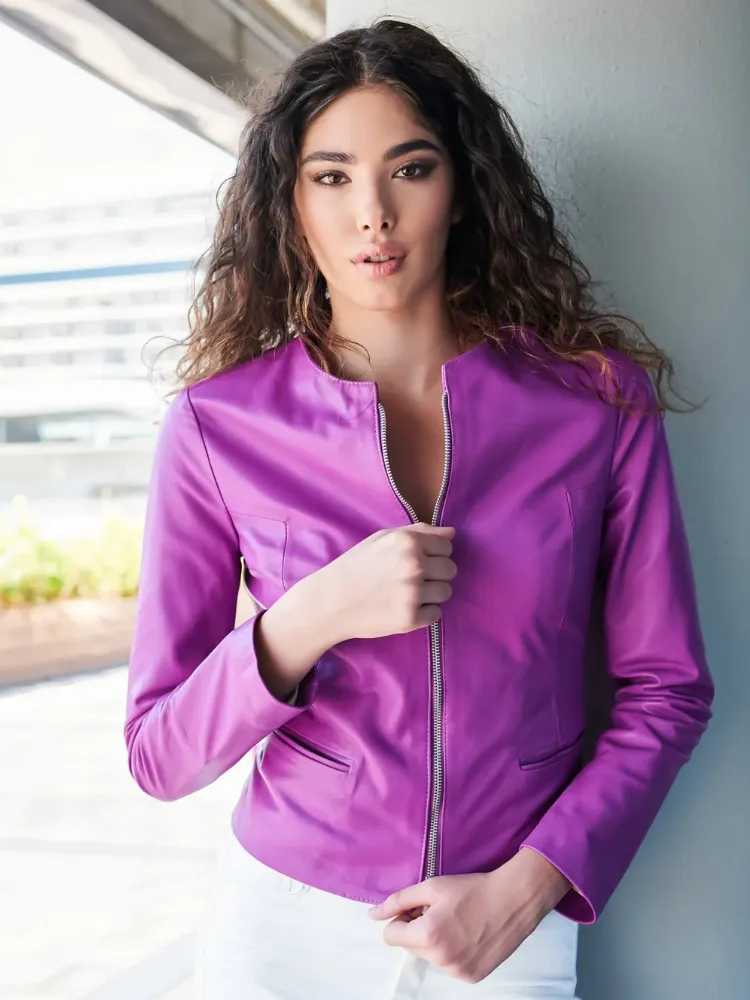 Pink powder natural leather jacket round collar smooth aspect