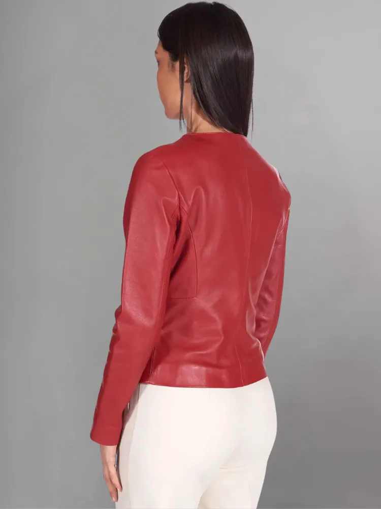 Pink powder natural leather jacket round collar smooth aspect