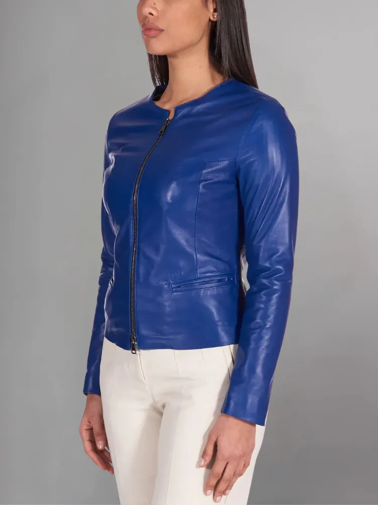 Pink powder natural leather jacket round collar smooth aspect