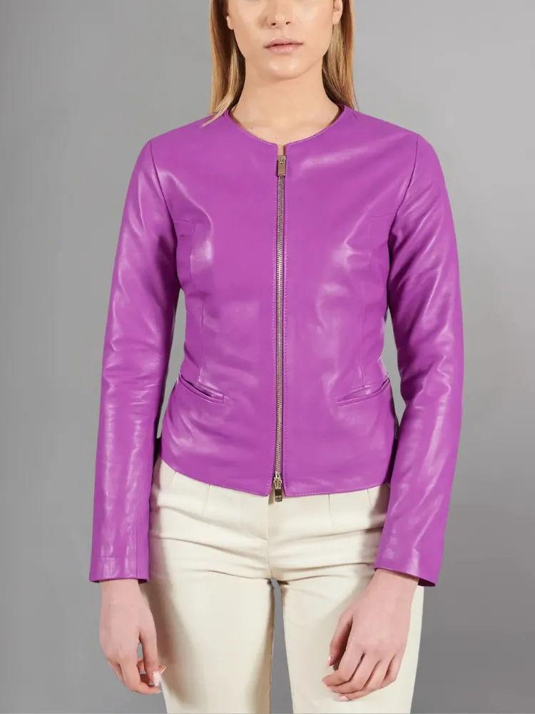 Pink powder natural leather jacket round collar smooth aspect