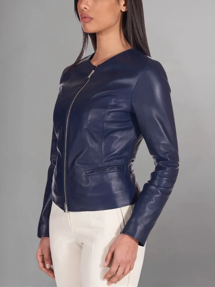 Pink powder natural leather jacket round collar smooth aspect