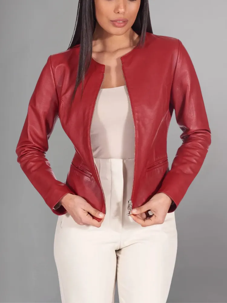 Pink powder natural leather jacket round collar smooth aspect