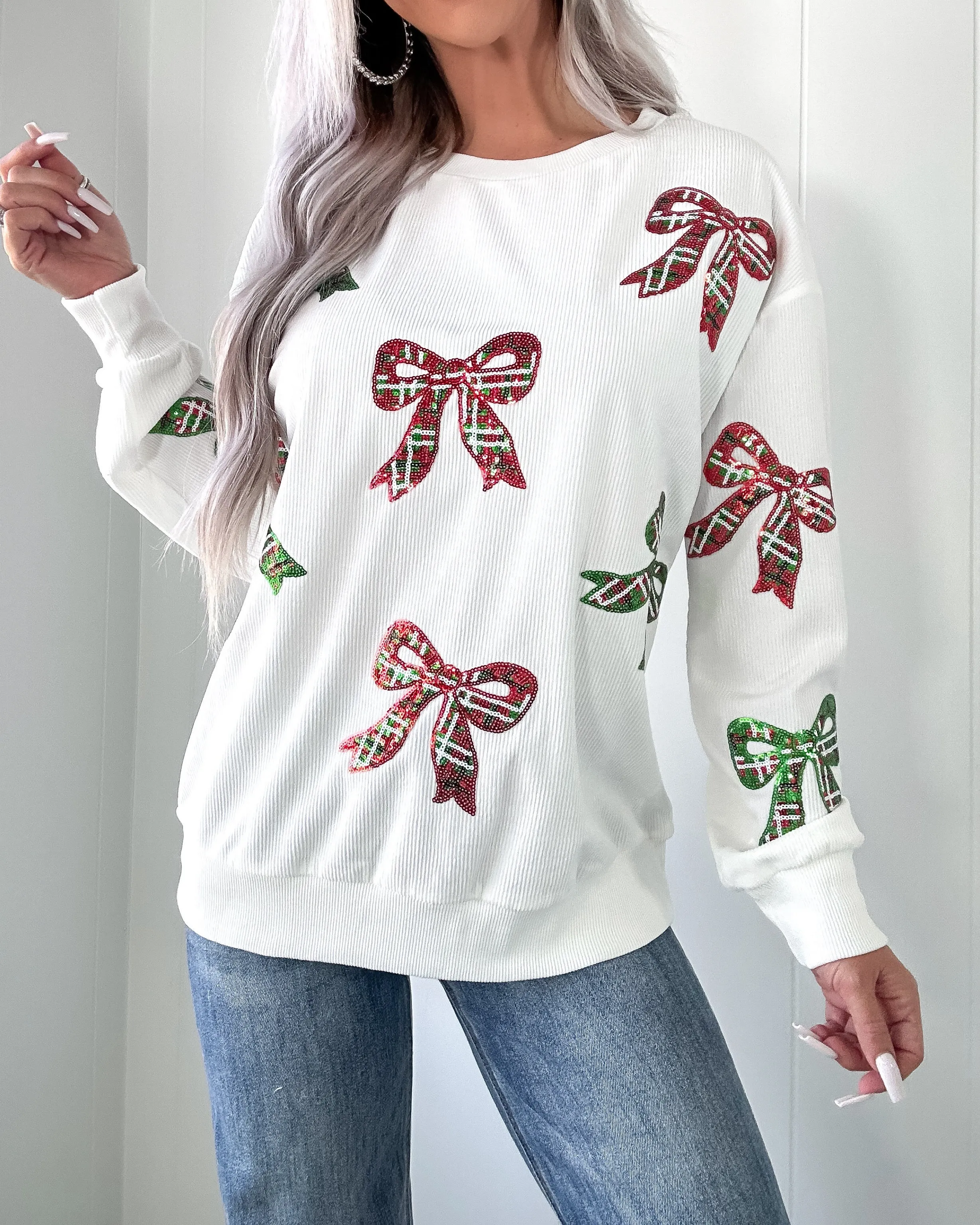 Plaid Sequin Bow Corded Sweater - White