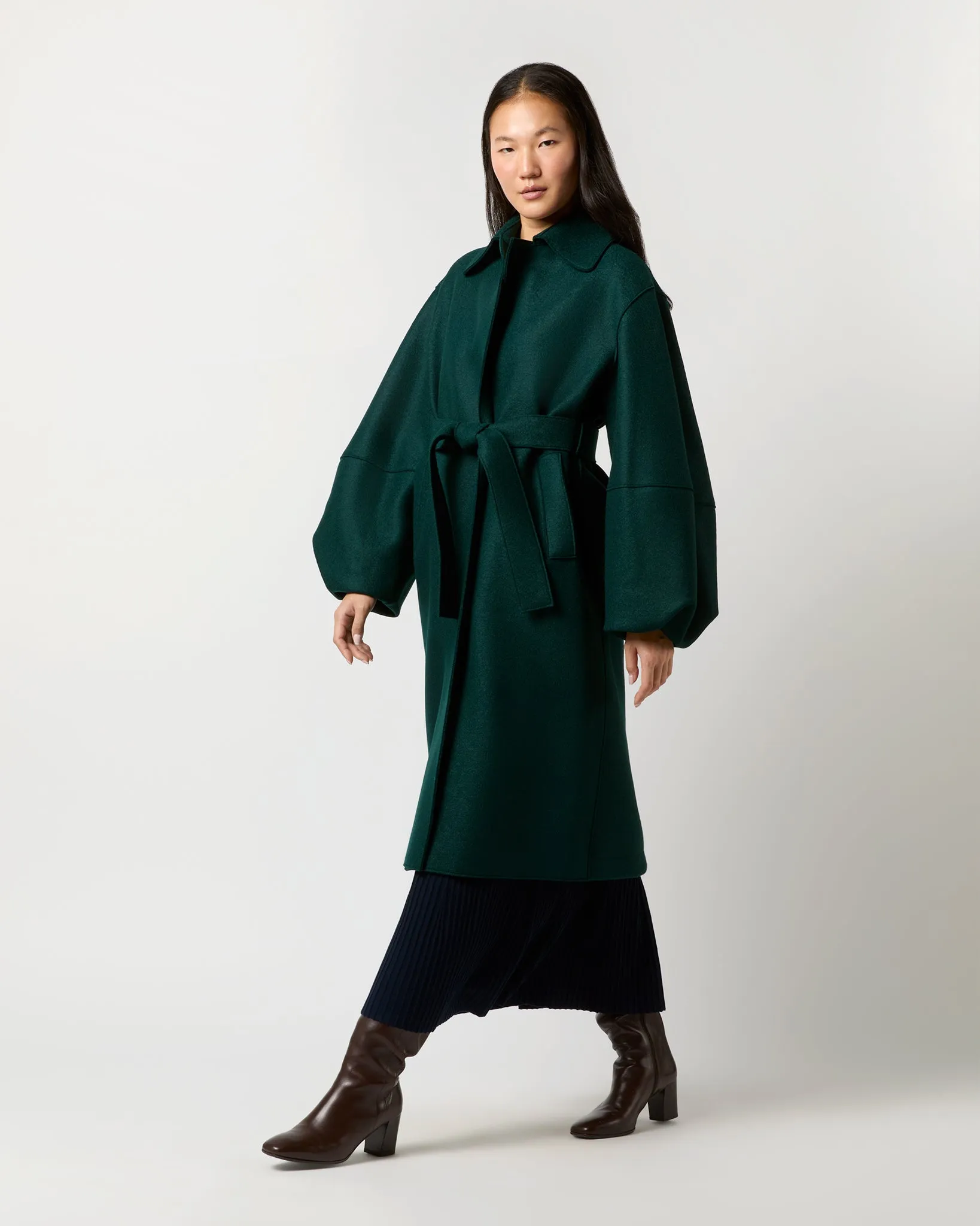 Puff Sleeves Coat in Bottle Green