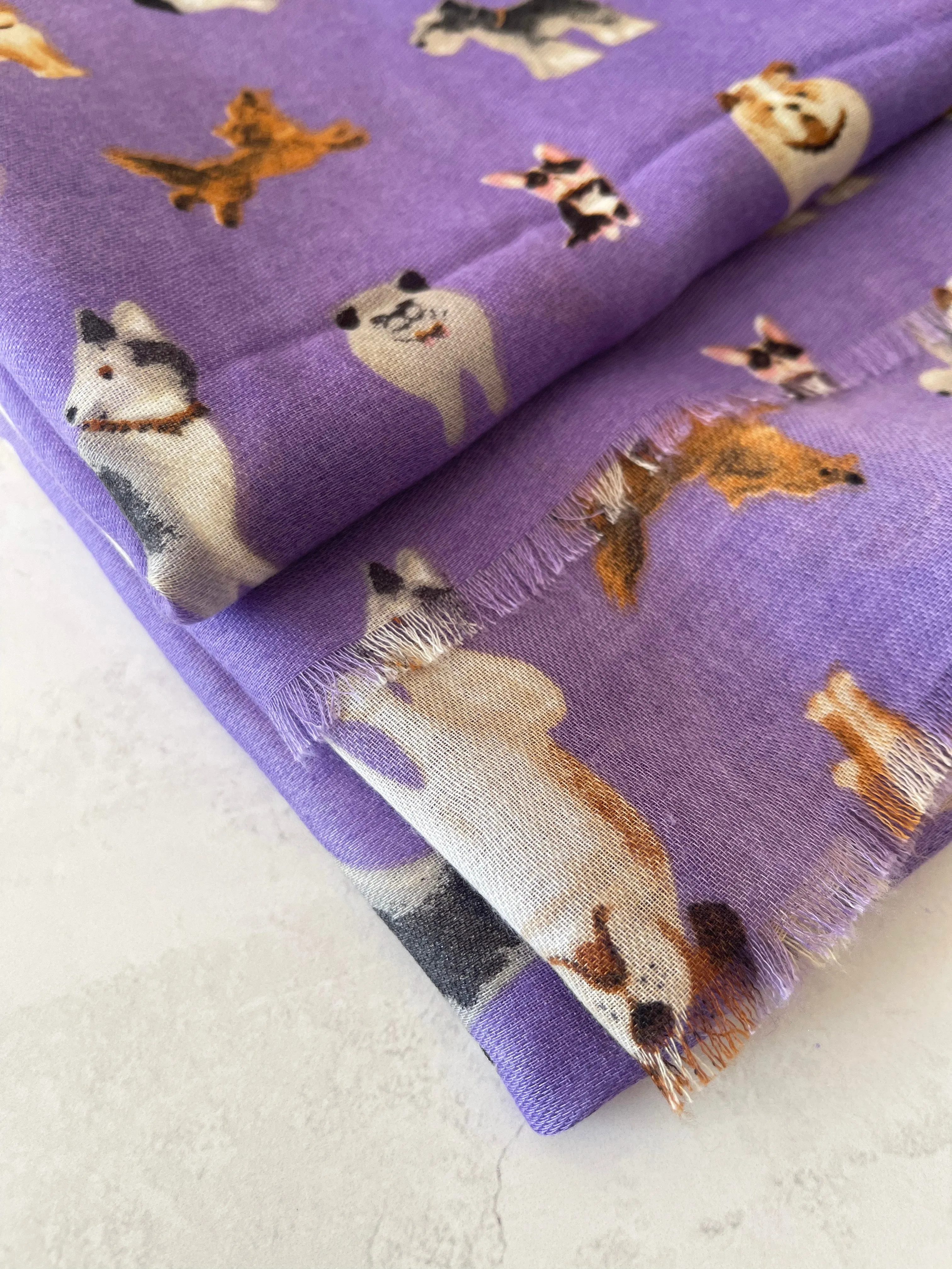 PURPLE COTTON BLEND DOG PRINT LIGHTWEIGHT SCARF