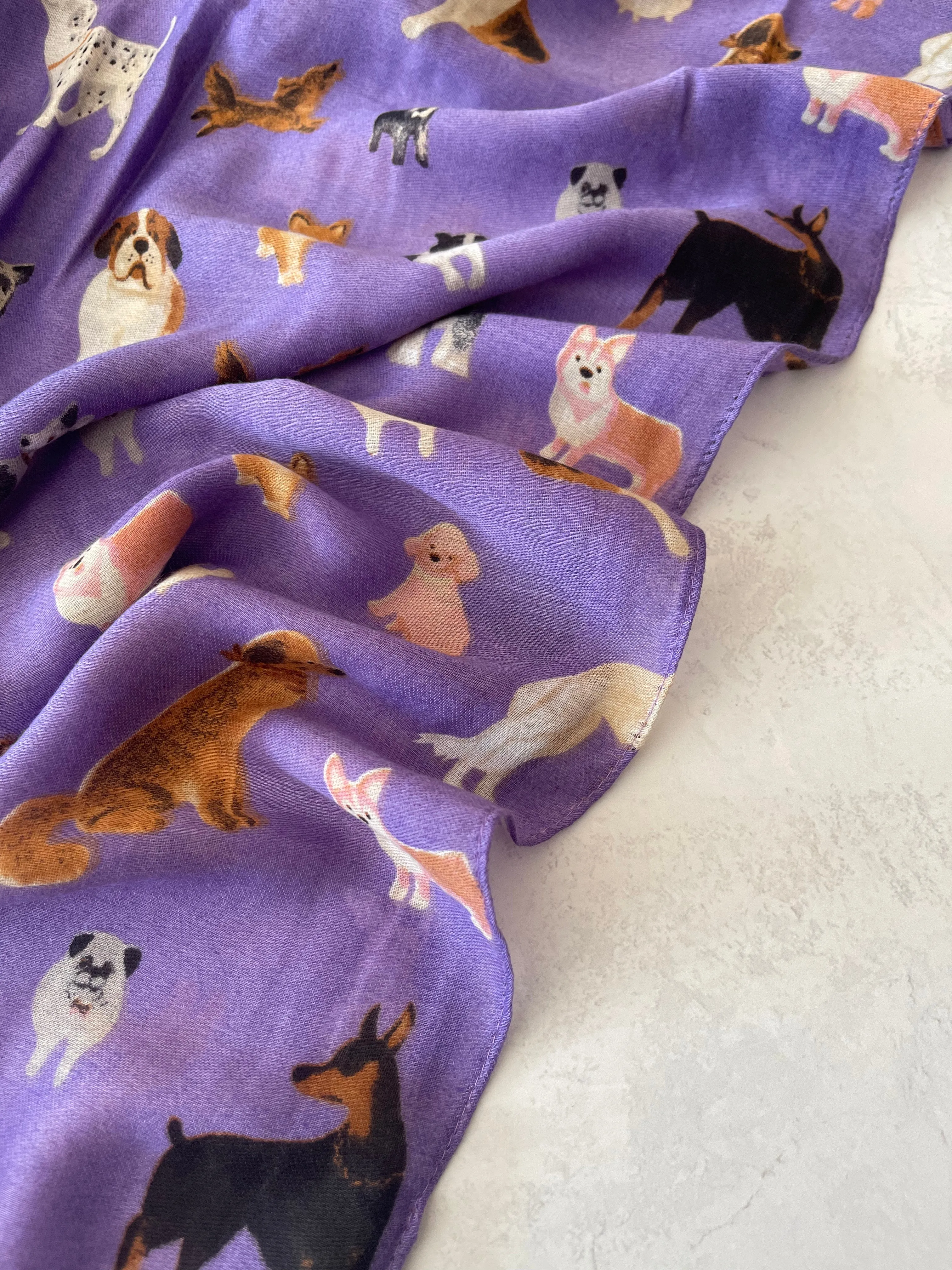 PURPLE COTTON BLEND DOG PRINT LIGHTWEIGHT SCARF