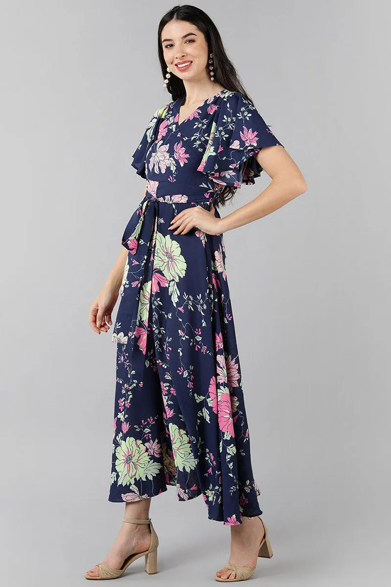 Purple Georgette Floral Printed Flared Maxi Dress