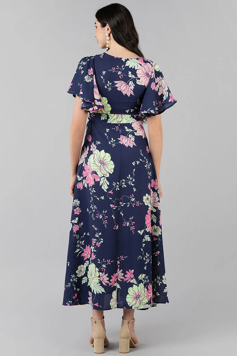 Purple Georgette Floral Printed Flared Maxi Dress