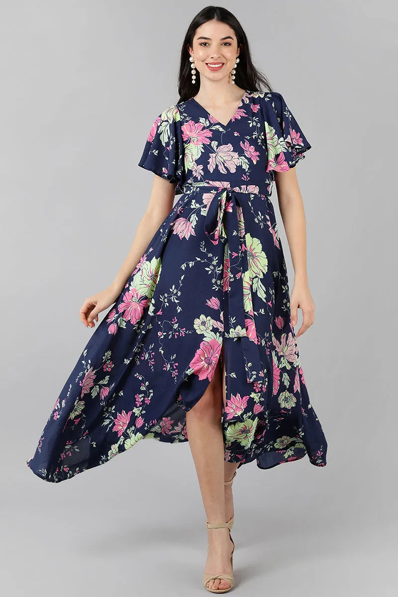 Purple Georgette Floral Printed Flared Maxi Dress