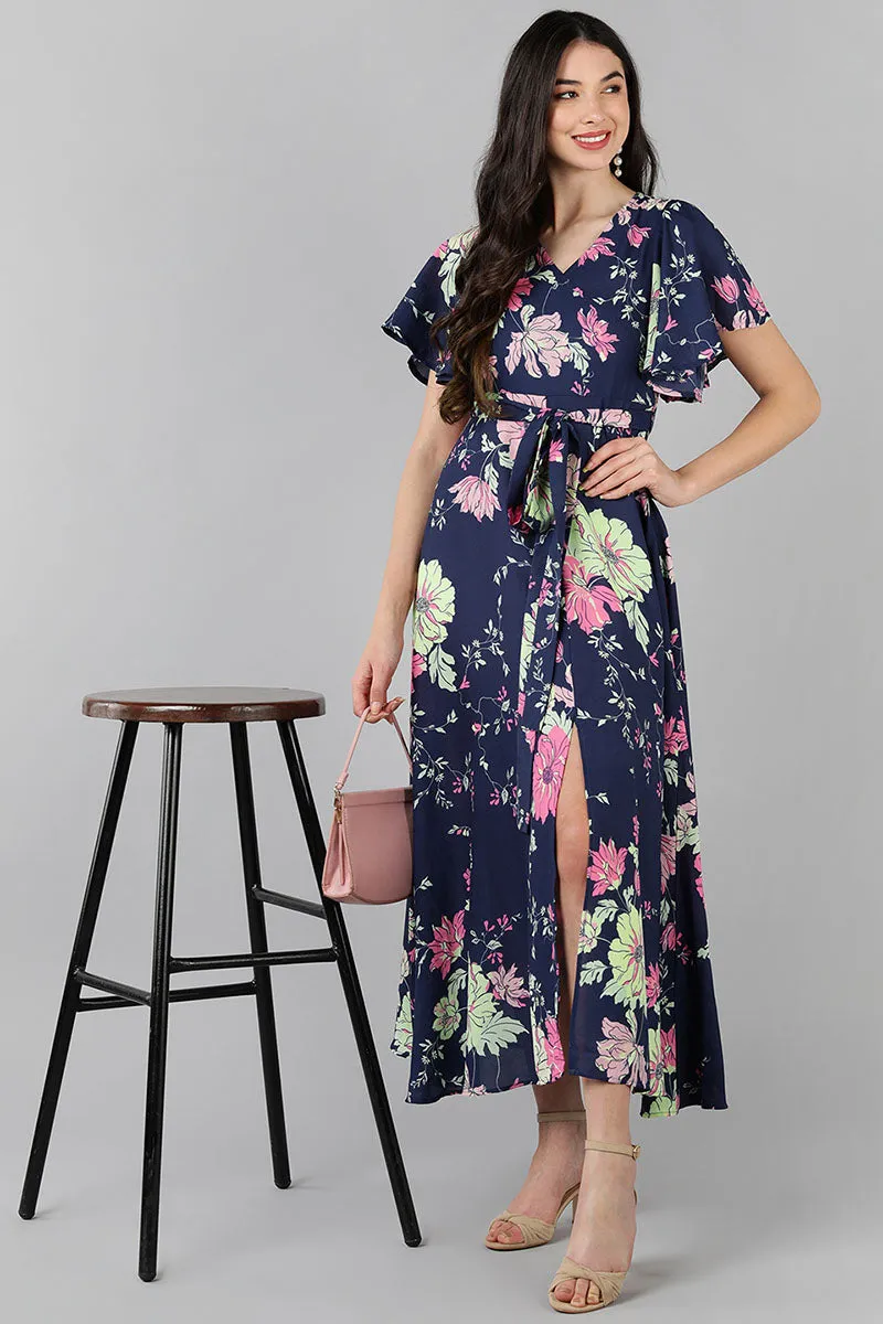 Purple Georgette Floral Printed Flared Maxi Dress