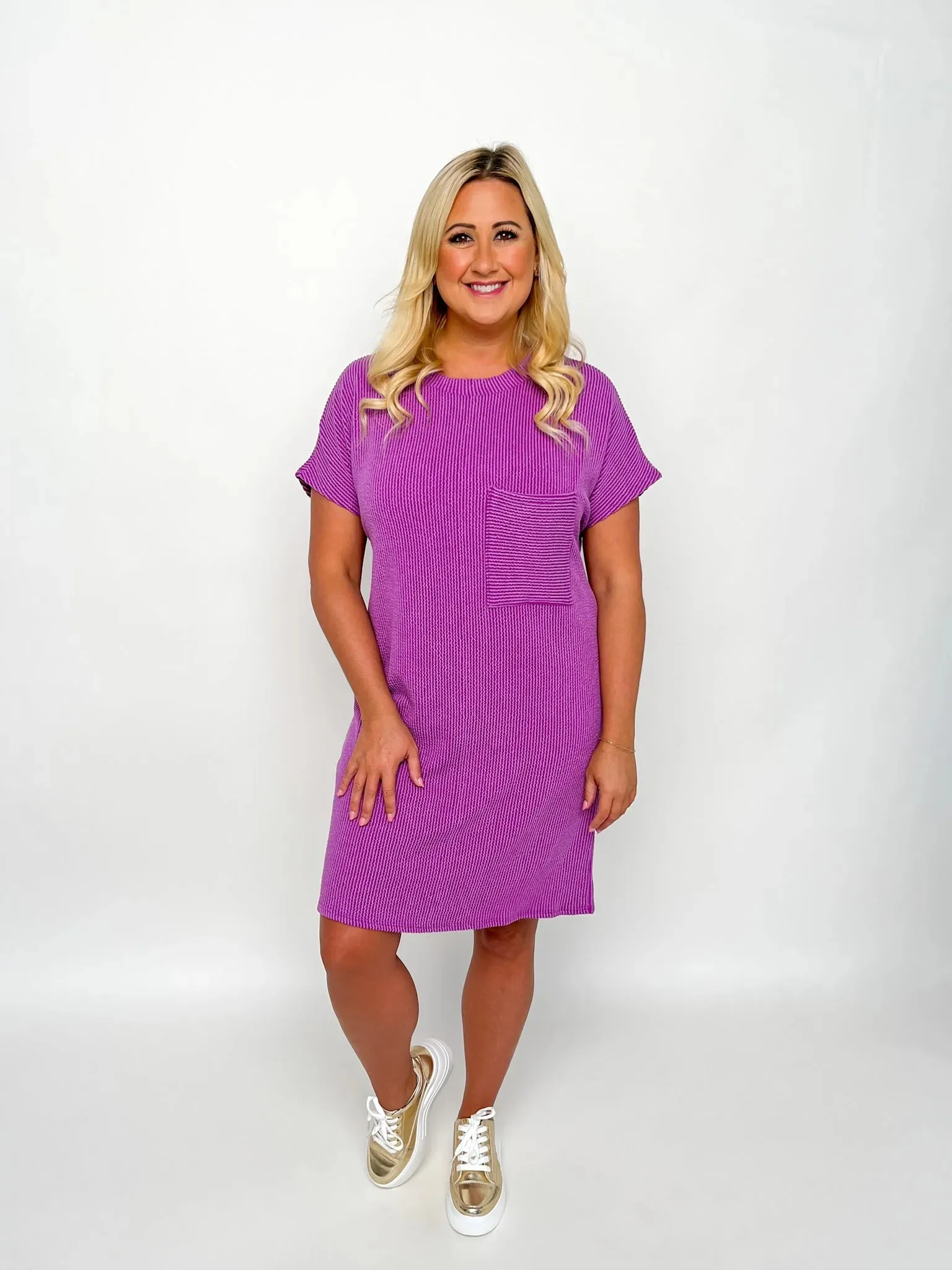 Purple Short Sleeve Ribbed Dress