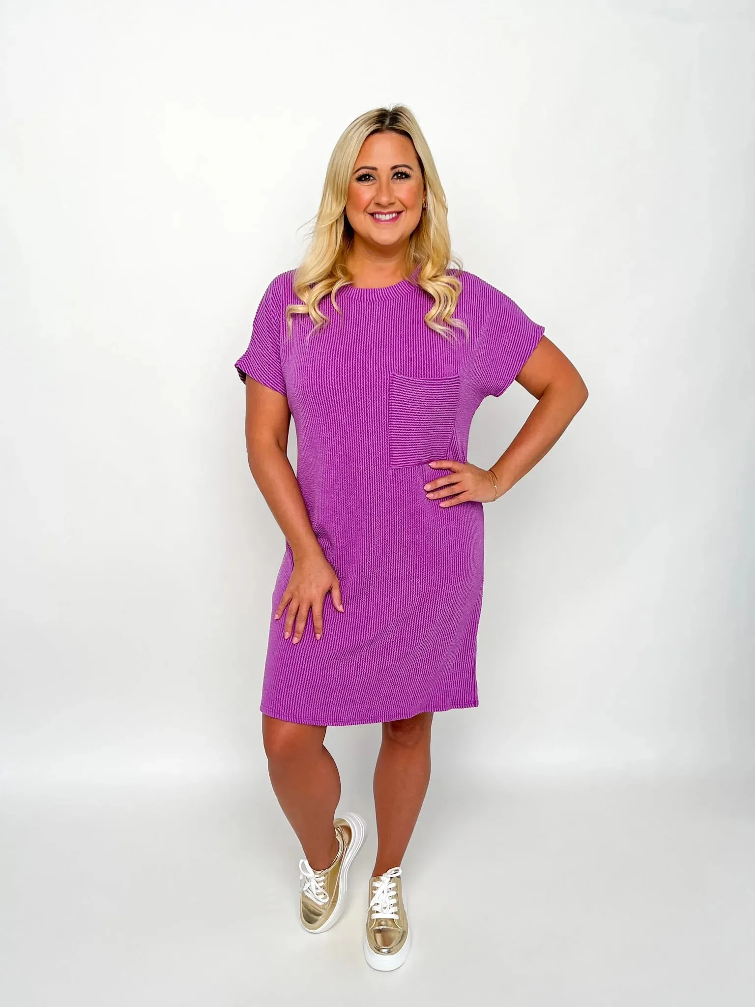 Purple Short Sleeve Ribbed Dress