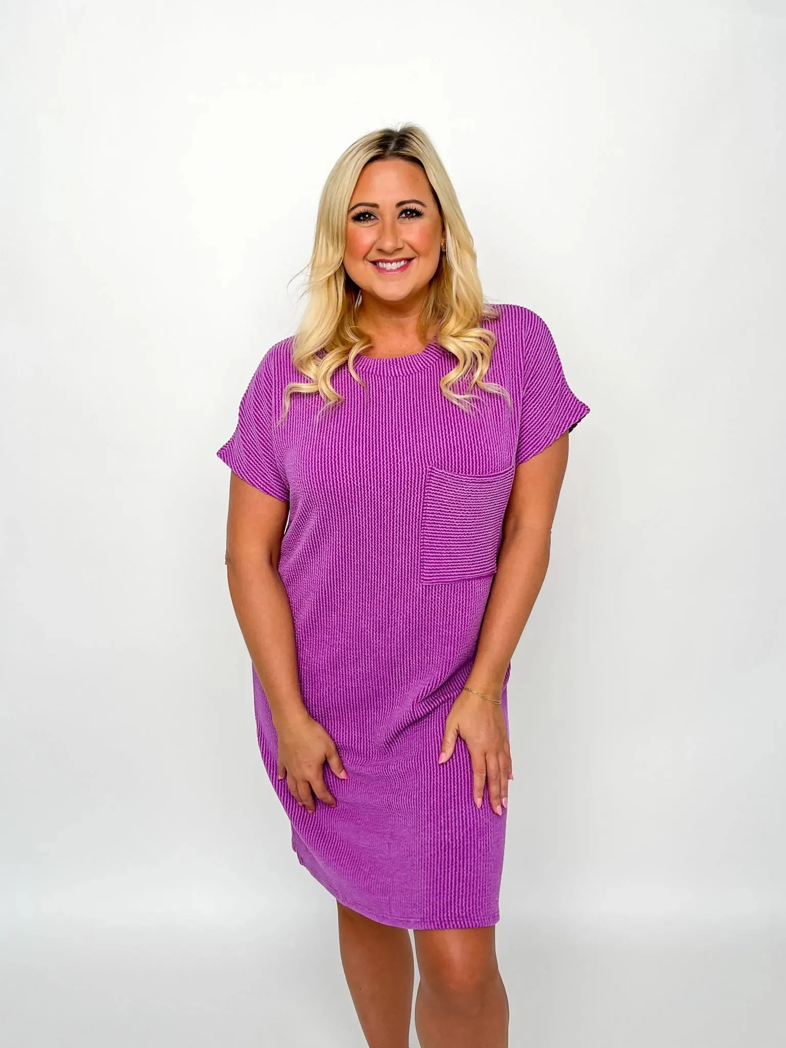 Purple Short Sleeve Ribbed Dress