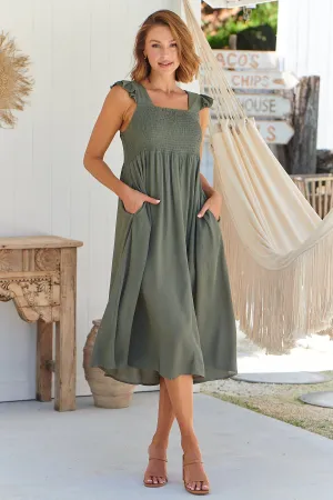 Raquel Frill shoulder Shirred Bust Khaki Midi Dress