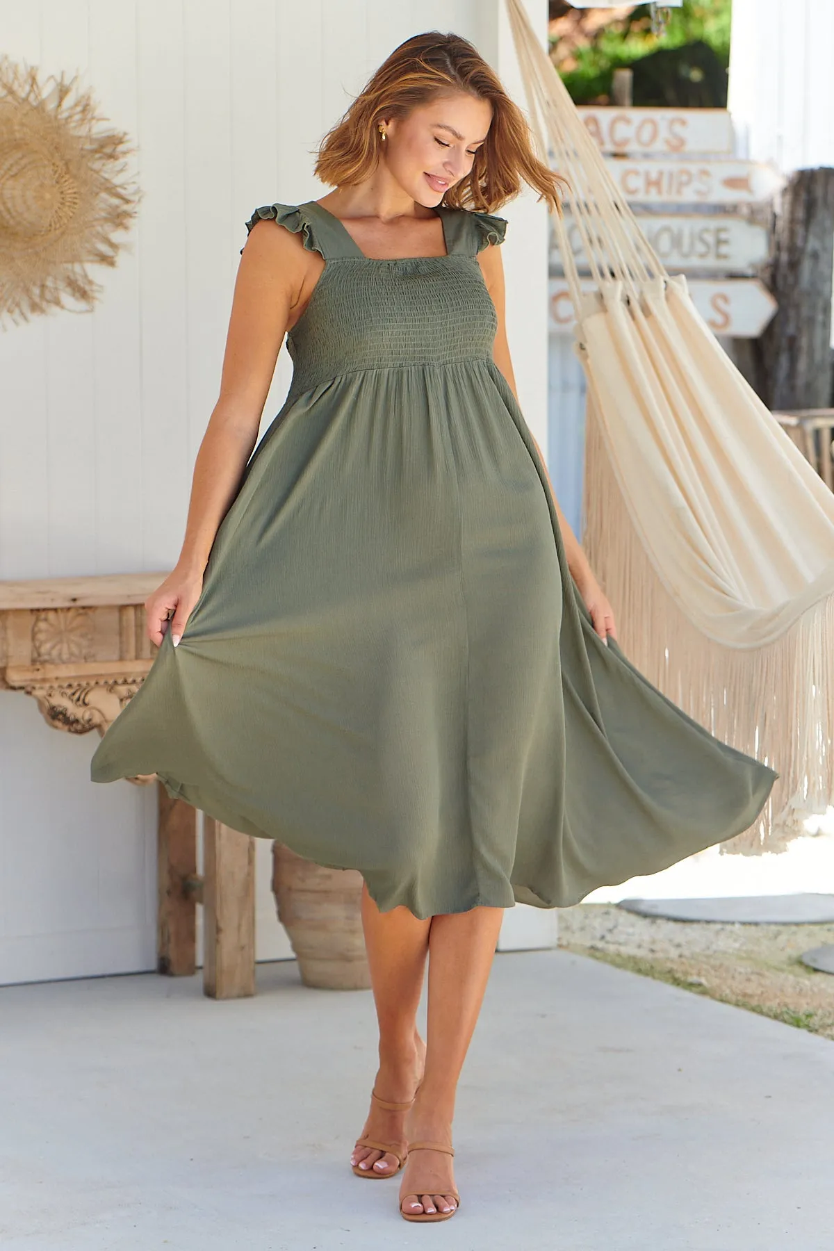 Raquel Frill shoulder Shirred Bust Khaki Midi Dress