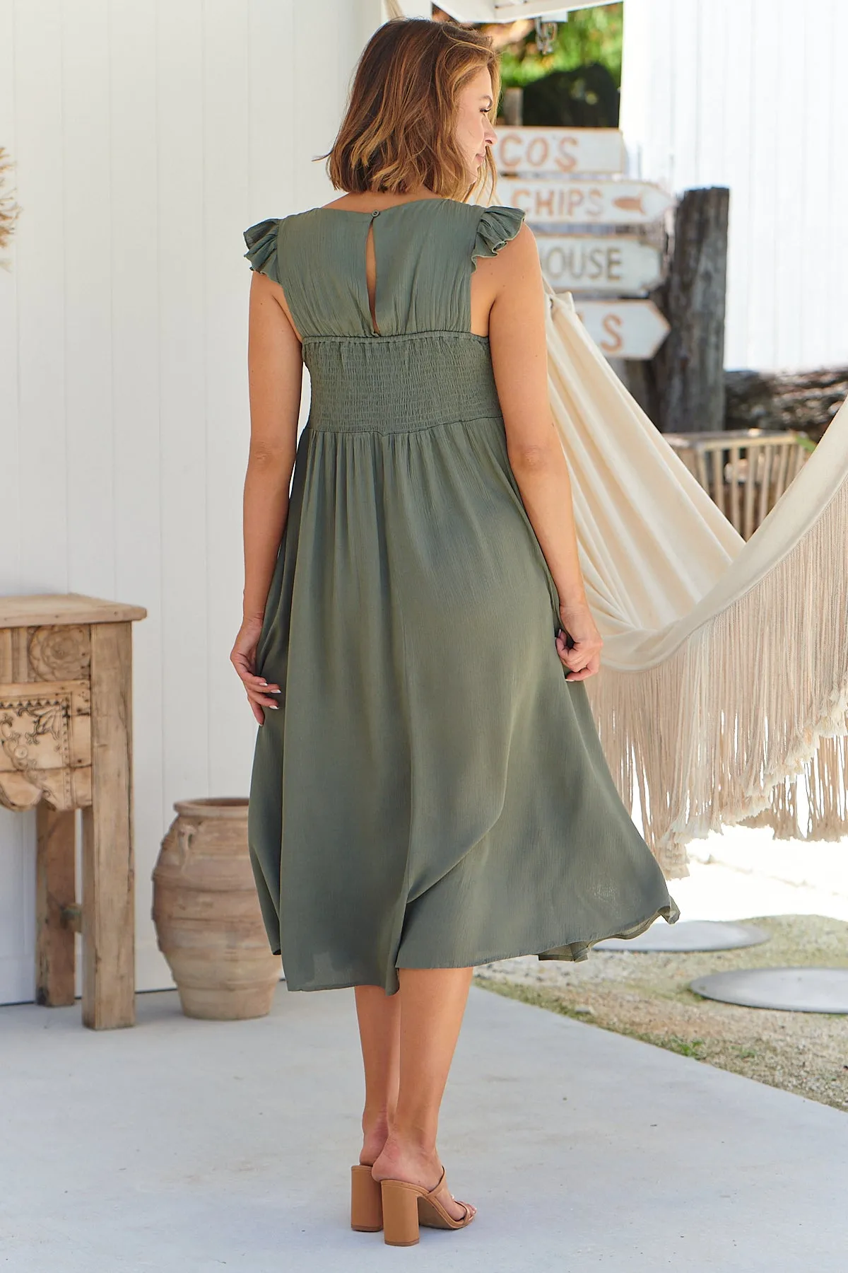 Raquel Frill shoulder Shirred Bust Khaki Midi Dress