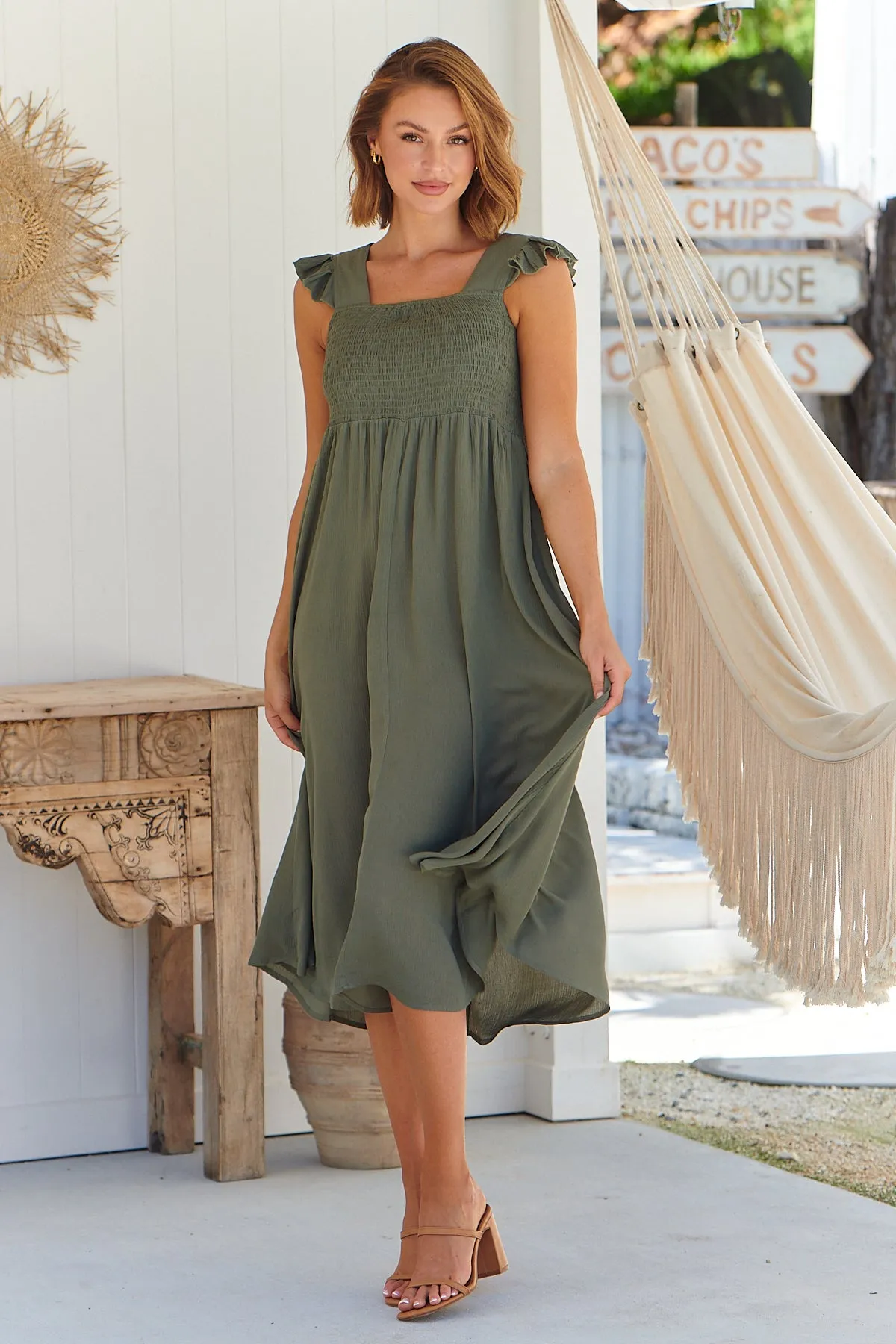 Raquel Frill shoulder Shirred Bust Khaki Midi Dress