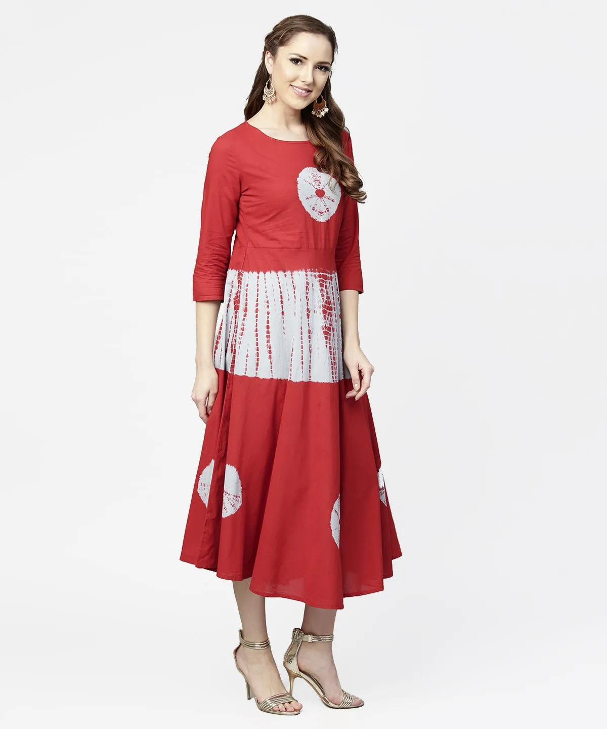 Red Tye Dye 3/4Th Sleeve Cotton Maxi Dress