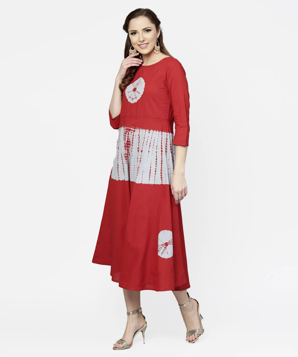 Red Tye Dye 3/4Th Sleeve Cotton Maxi Dress