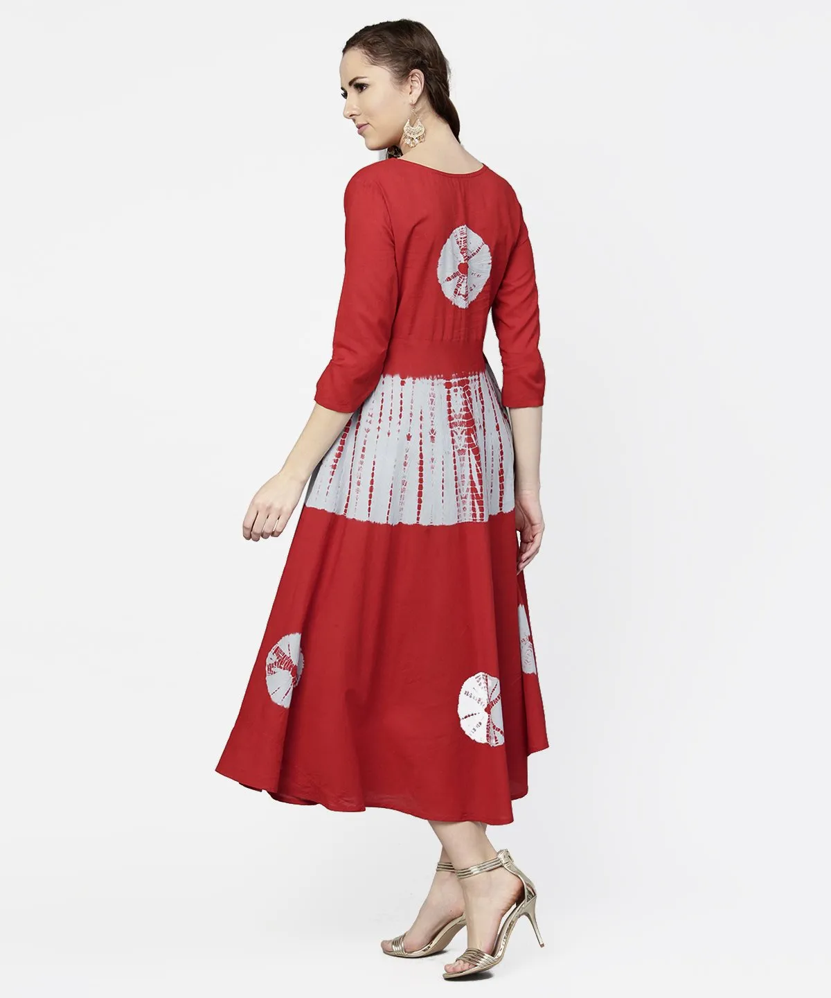 Red Tye Dye 3/4Th Sleeve Cotton Maxi Dress