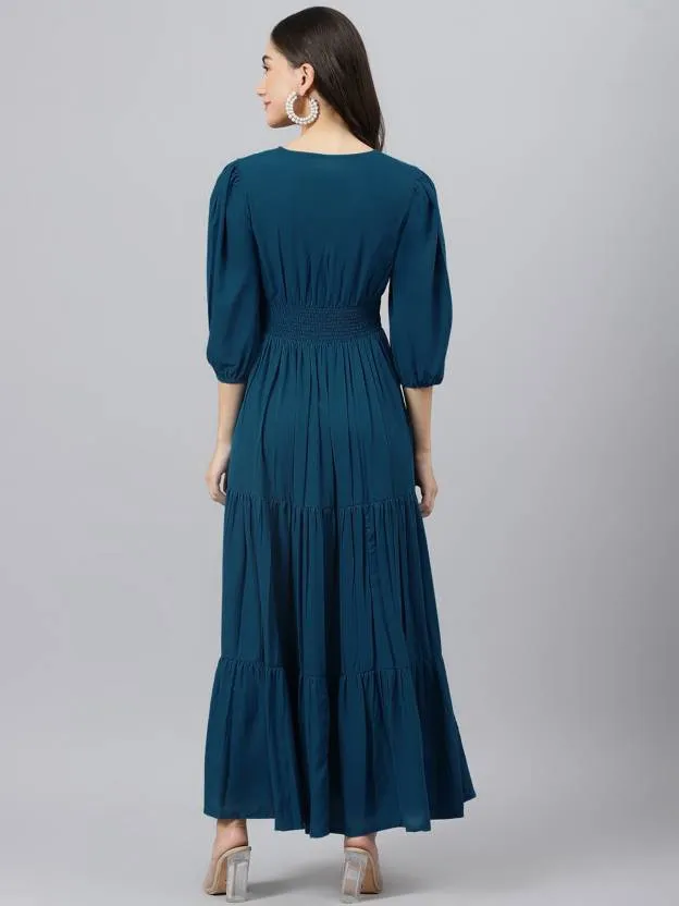 Sapphire Sky Symphony V-Neck Rayon Dress
