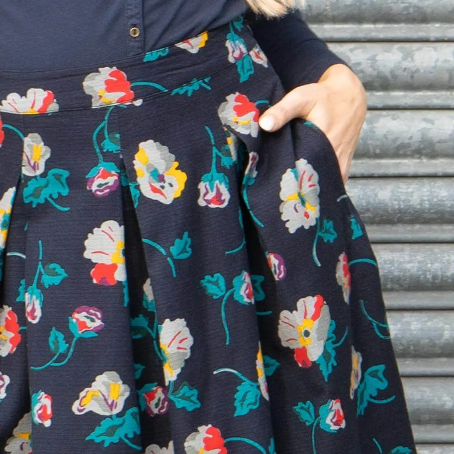 Seasalt Navy Floral Print Flare Pleats Midi Skirts with Pockets