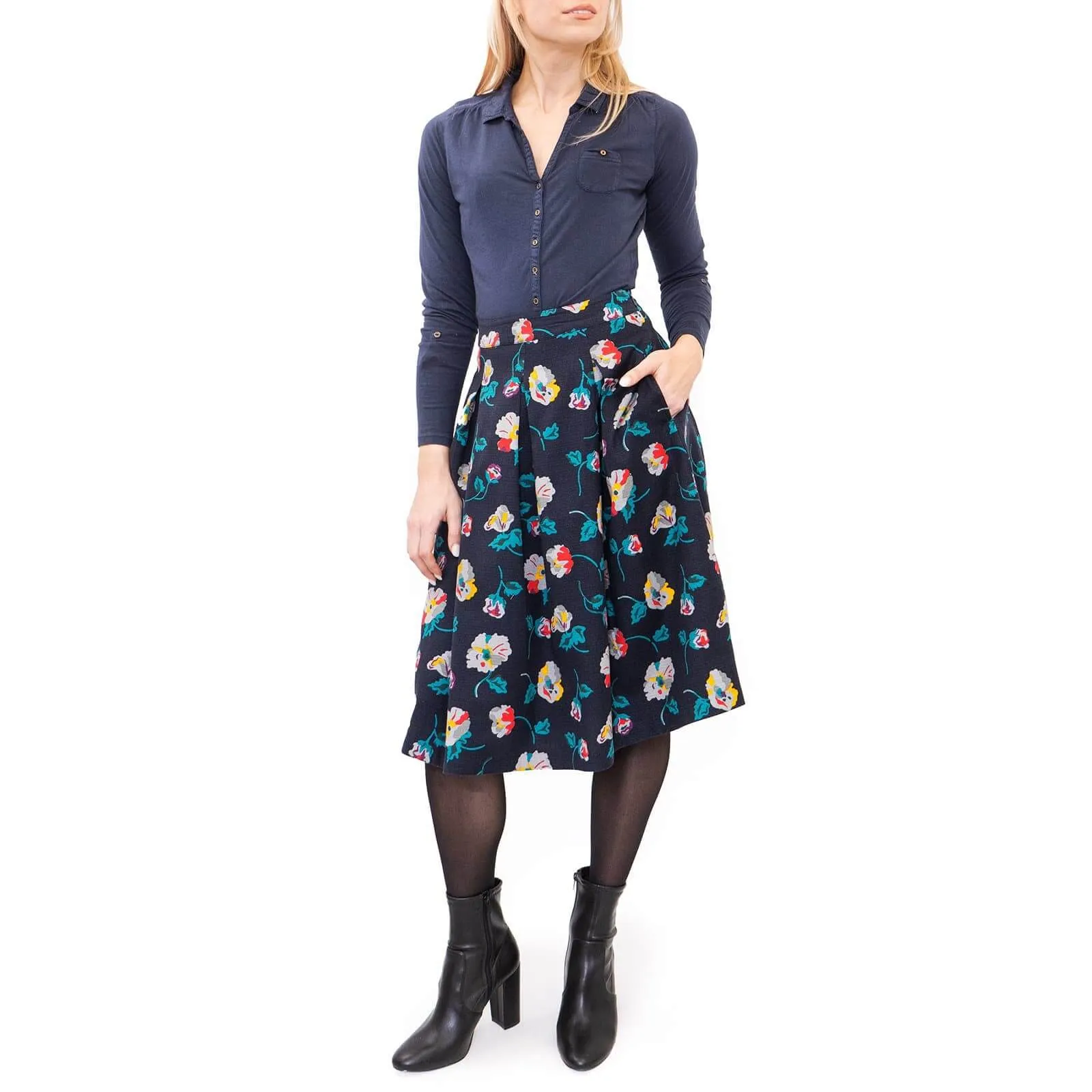 Seasalt Navy Floral Print Flare Pleats Midi Skirts with Pockets