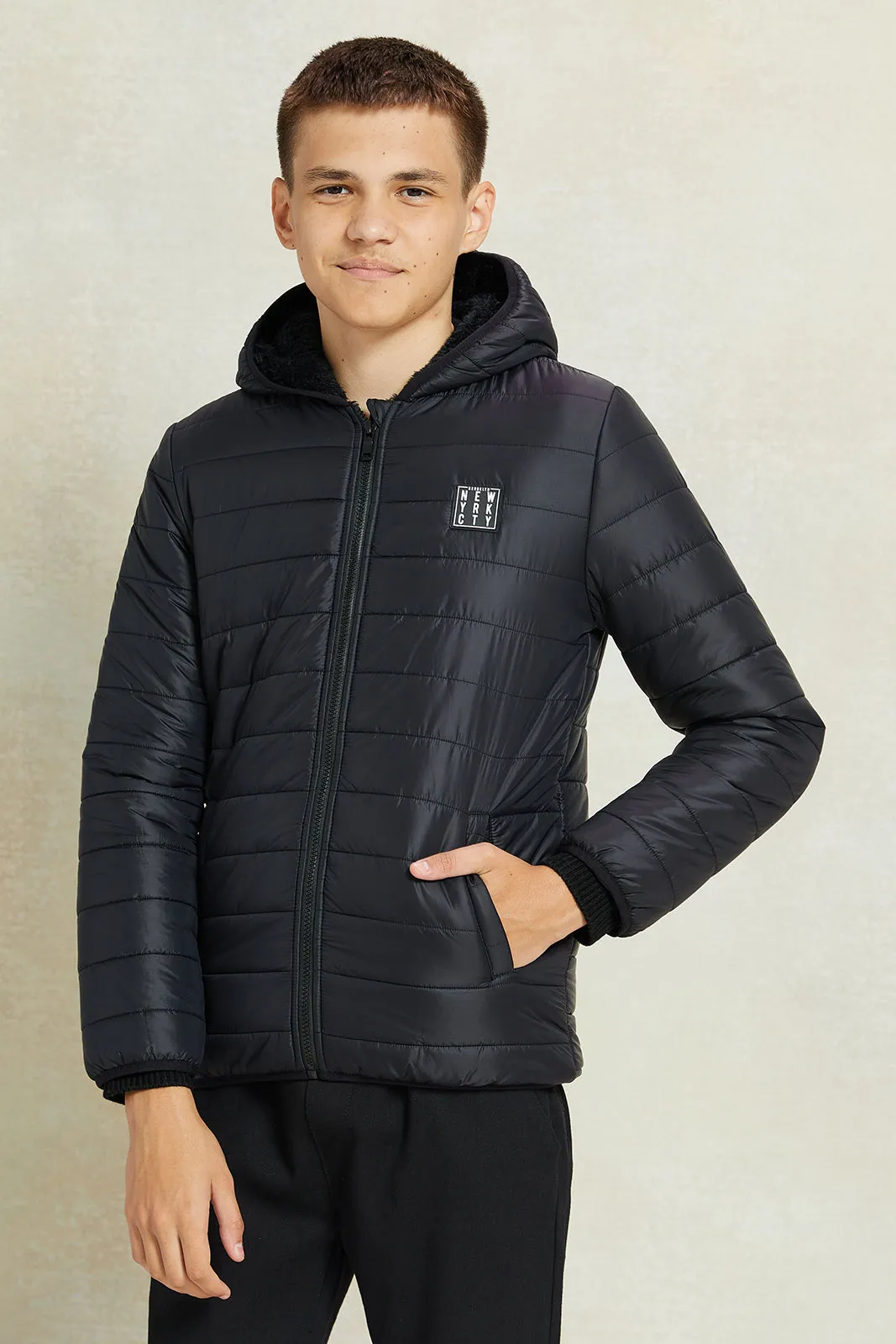 Senior Boys Black Puffer Jacket With Sherpa Lining