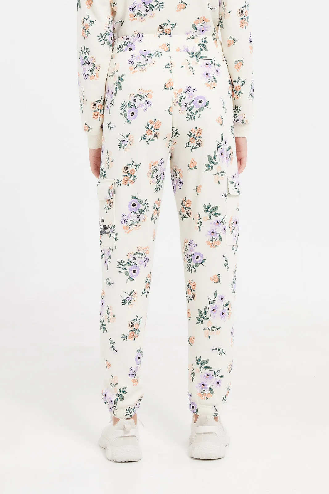 Senior Girls Cream Floral Cargo Pocket Pants