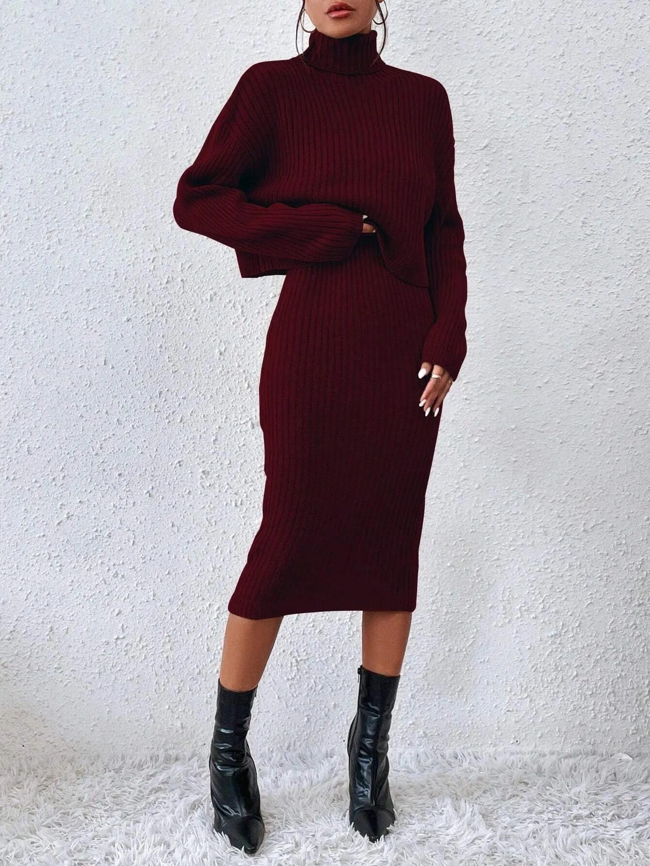 SHEIN Raffinéa Turtleneck Drop Shoulder Sweater & Knit Dress