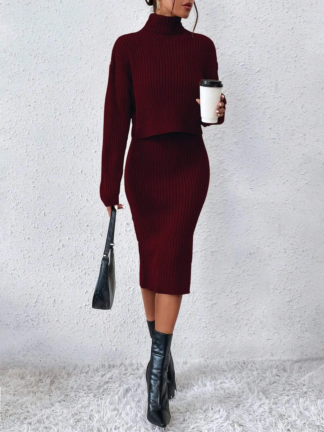 SHEIN Raffinéa Turtleneck Drop Shoulder Sweater & Knit Dress