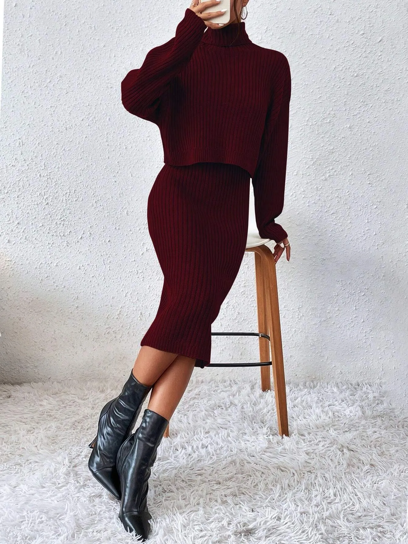 SHEIN Raffinéa Turtleneck Drop Shoulder Sweater & Knit Dress