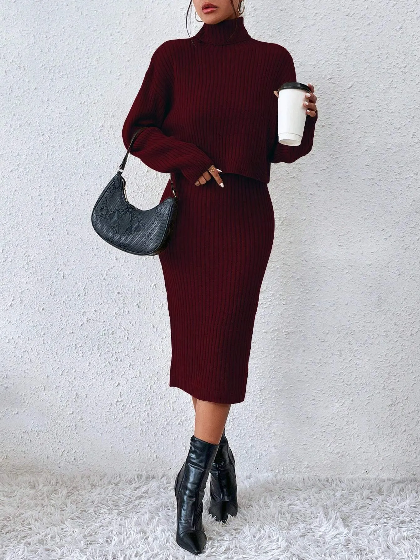 SHEIN Raffinéa Turtleneck Drop Shoulder Sweater & Knit Dress