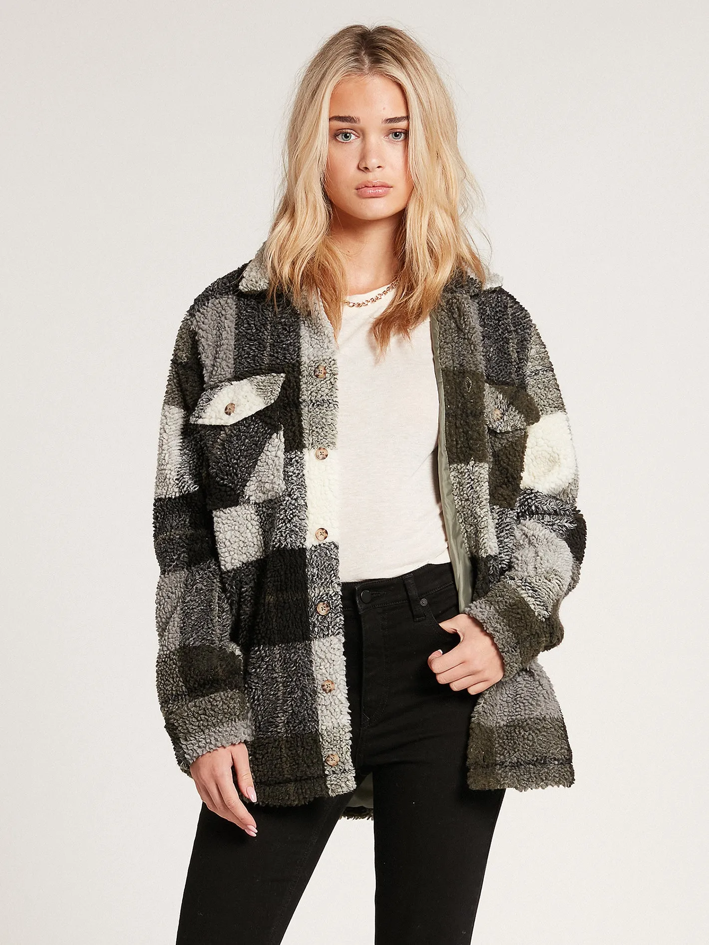 Silent Sherpa Plaid Jacket - Army Green Combo