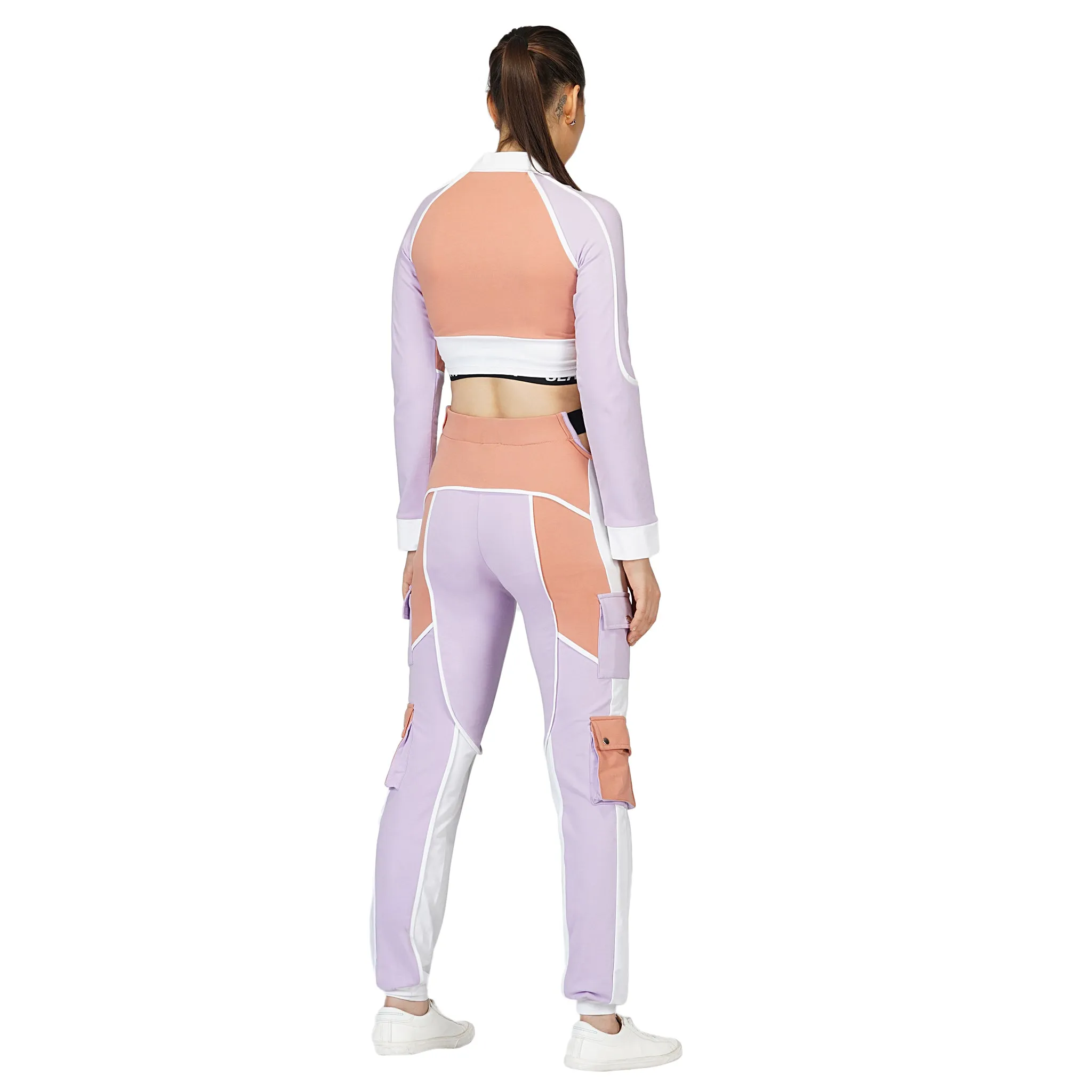 SLAY. Women's Activewear Tracksuit Lilac/Lavender Colorblock Crop Jacket &  High Waist Cargo Pants Co-ord Set