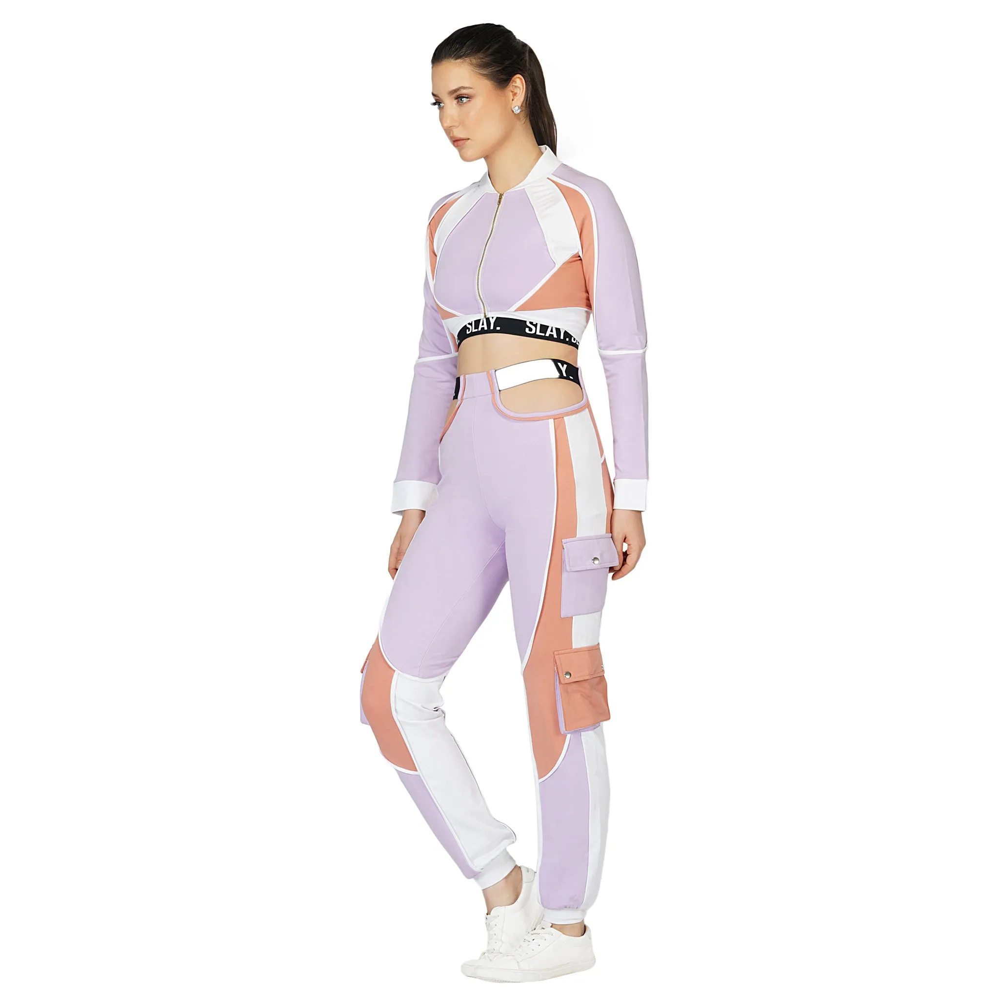 SLAY. Women's Activewear Tracksuit Lilac/Lavender Colorblock Crop Jacket &  High Waist Cargo Pants Co-ord Set